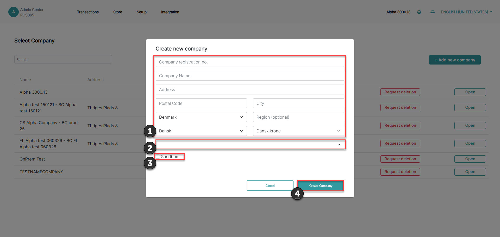create and set up a new company in the admin center