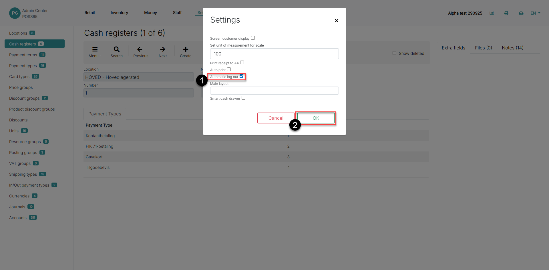 enable disable automatic sign out on pos365