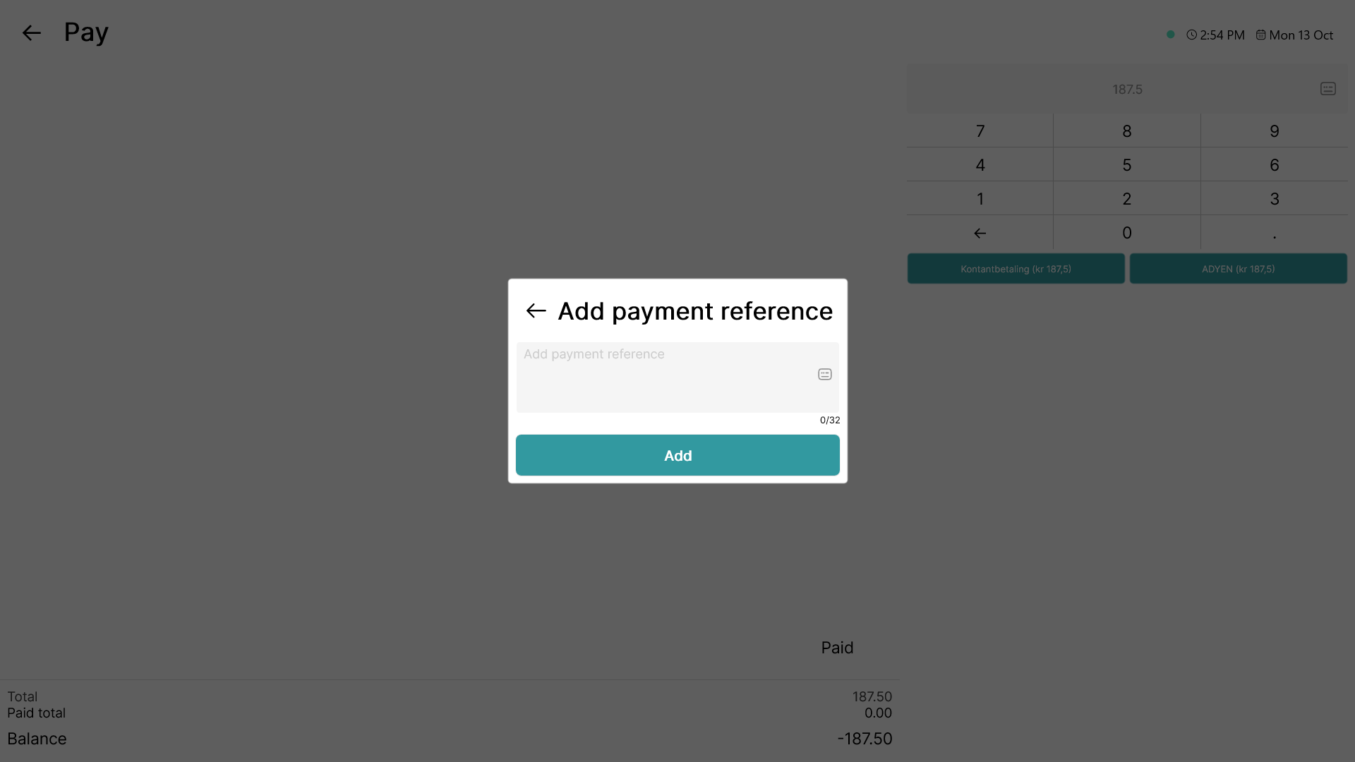 pop up for entering credit card payment references