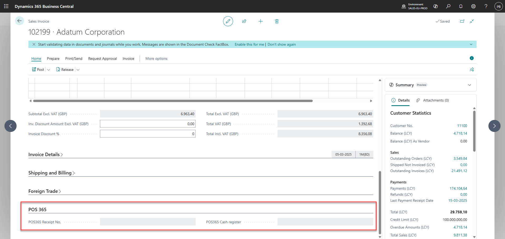 pos365 fields on sales invoice header in business central