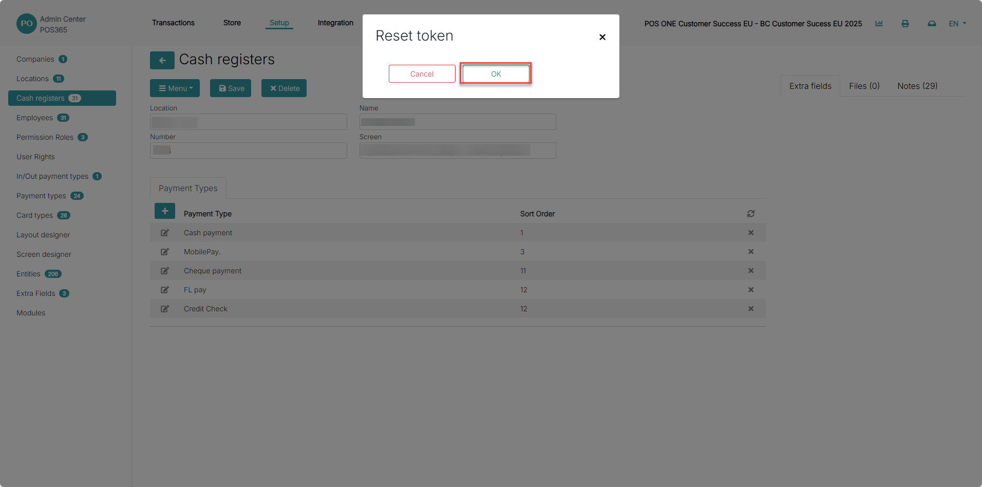 reset cash register token