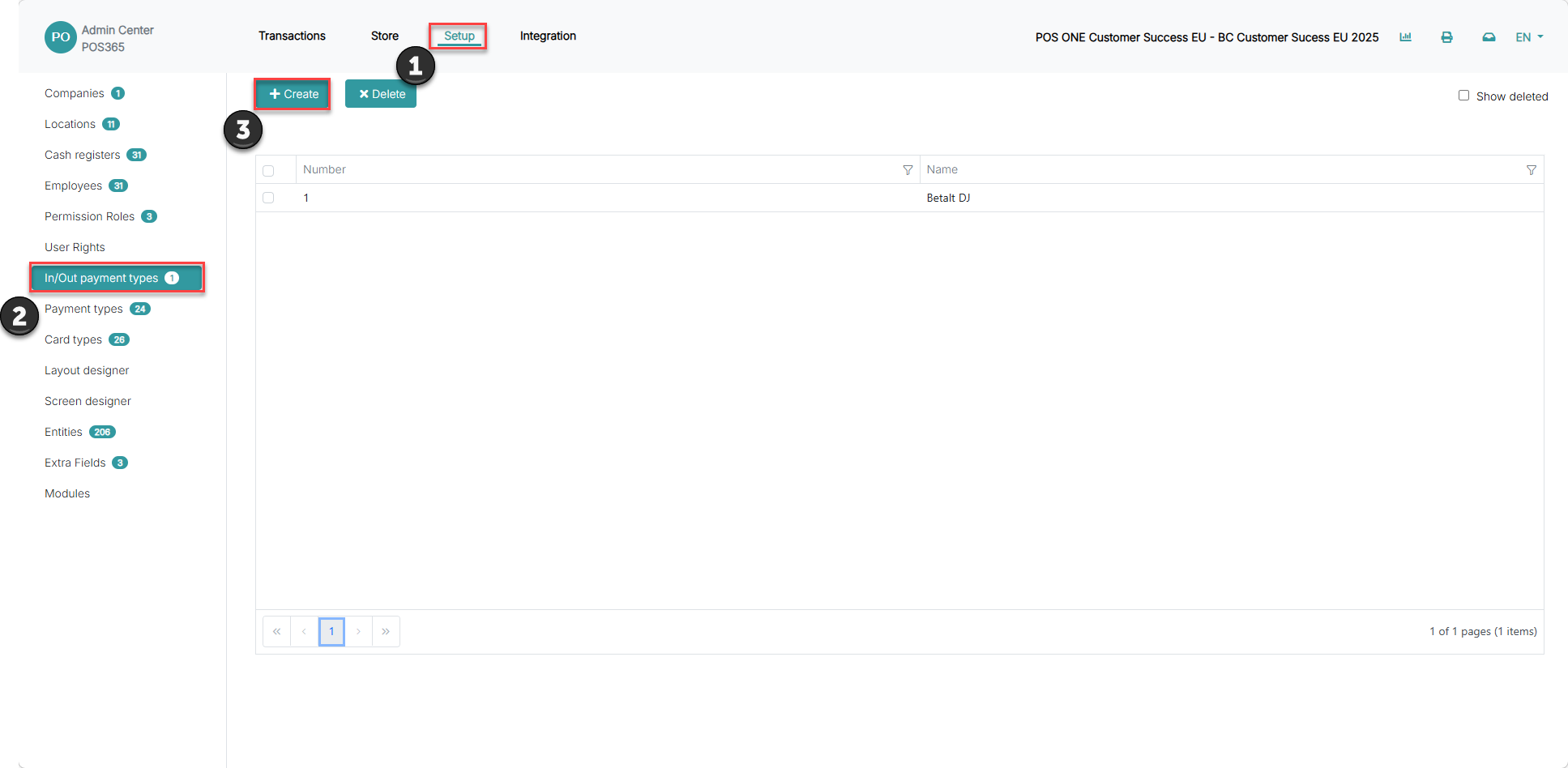set up in out payment types for cash register