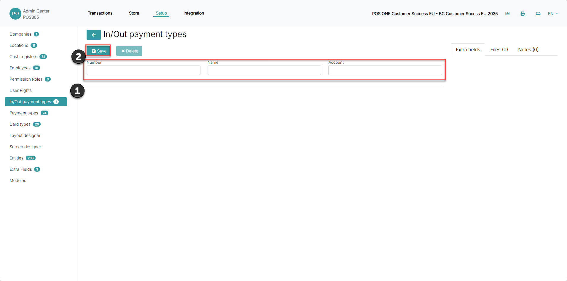 set up in out payment types for cash register