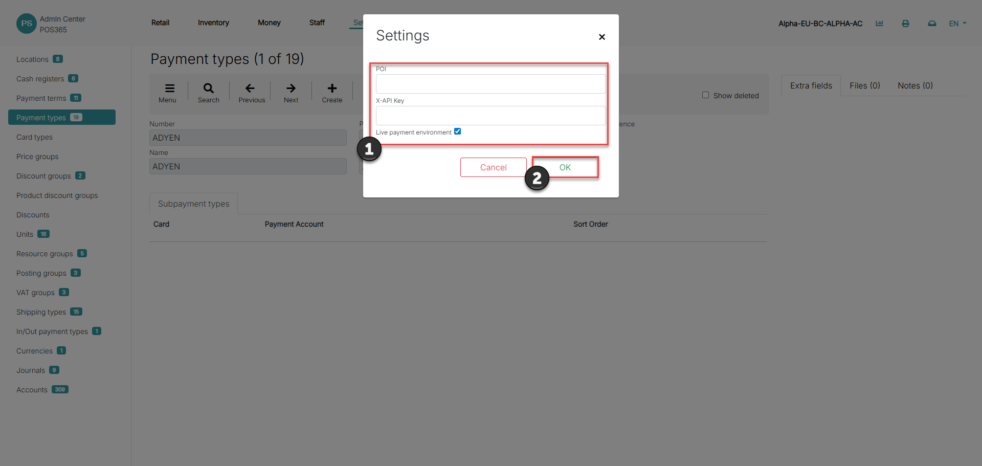 set up payment types for pos365