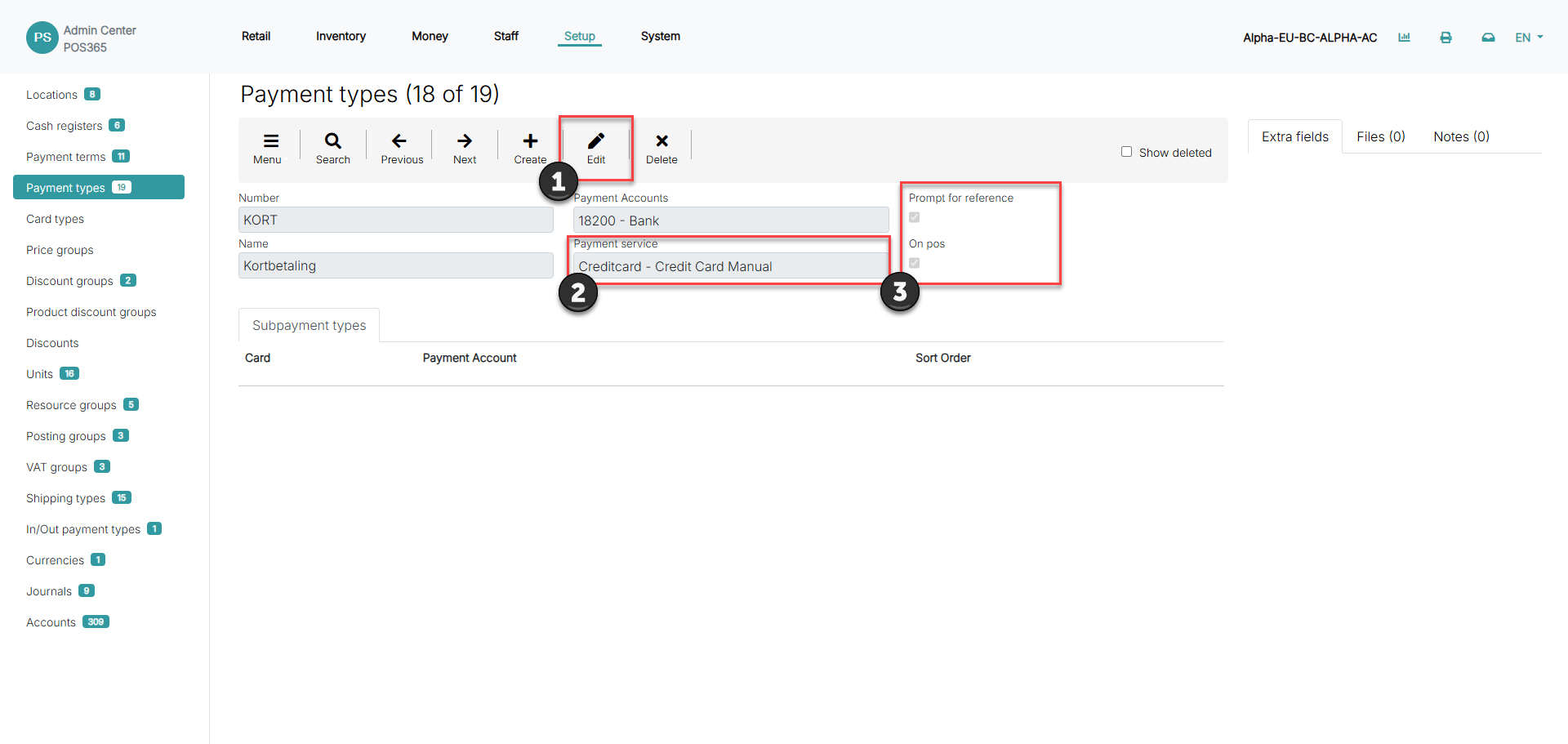 set up payment types for pos365