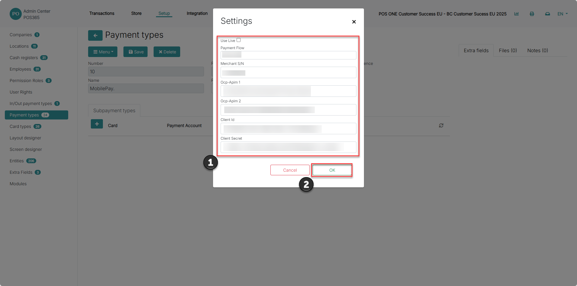 set up payment types for pos365