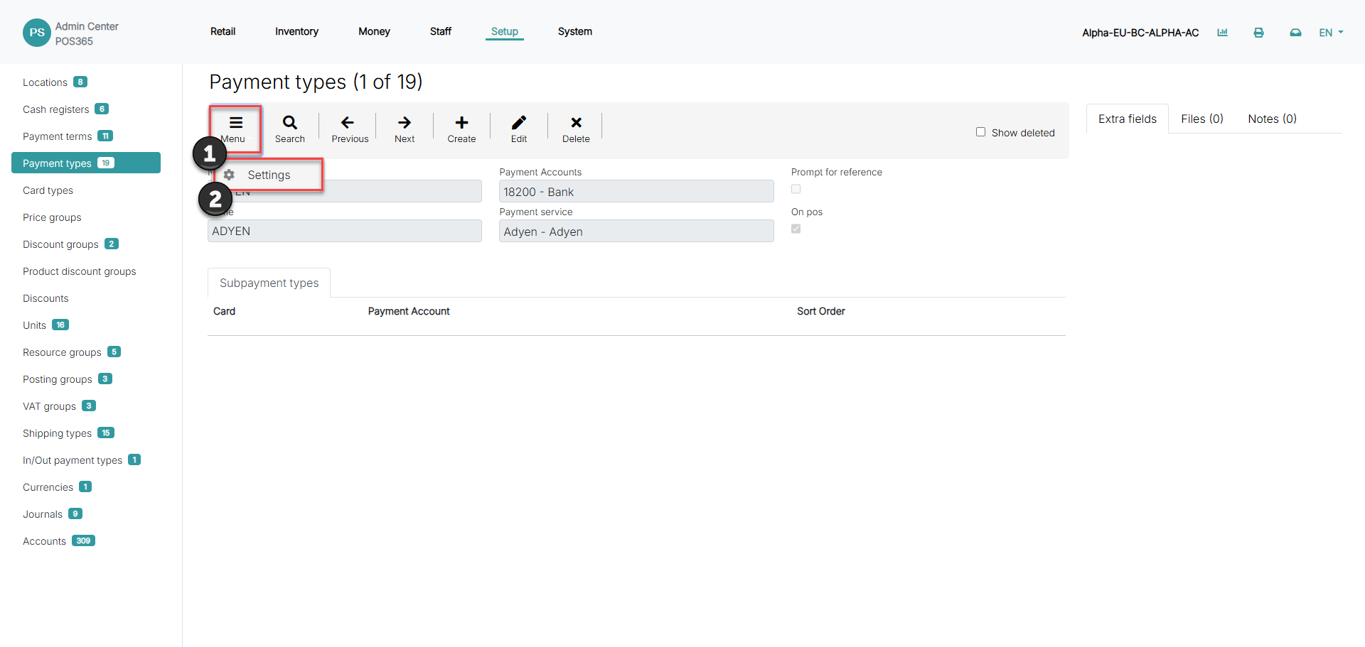 set up payment types for pos365
