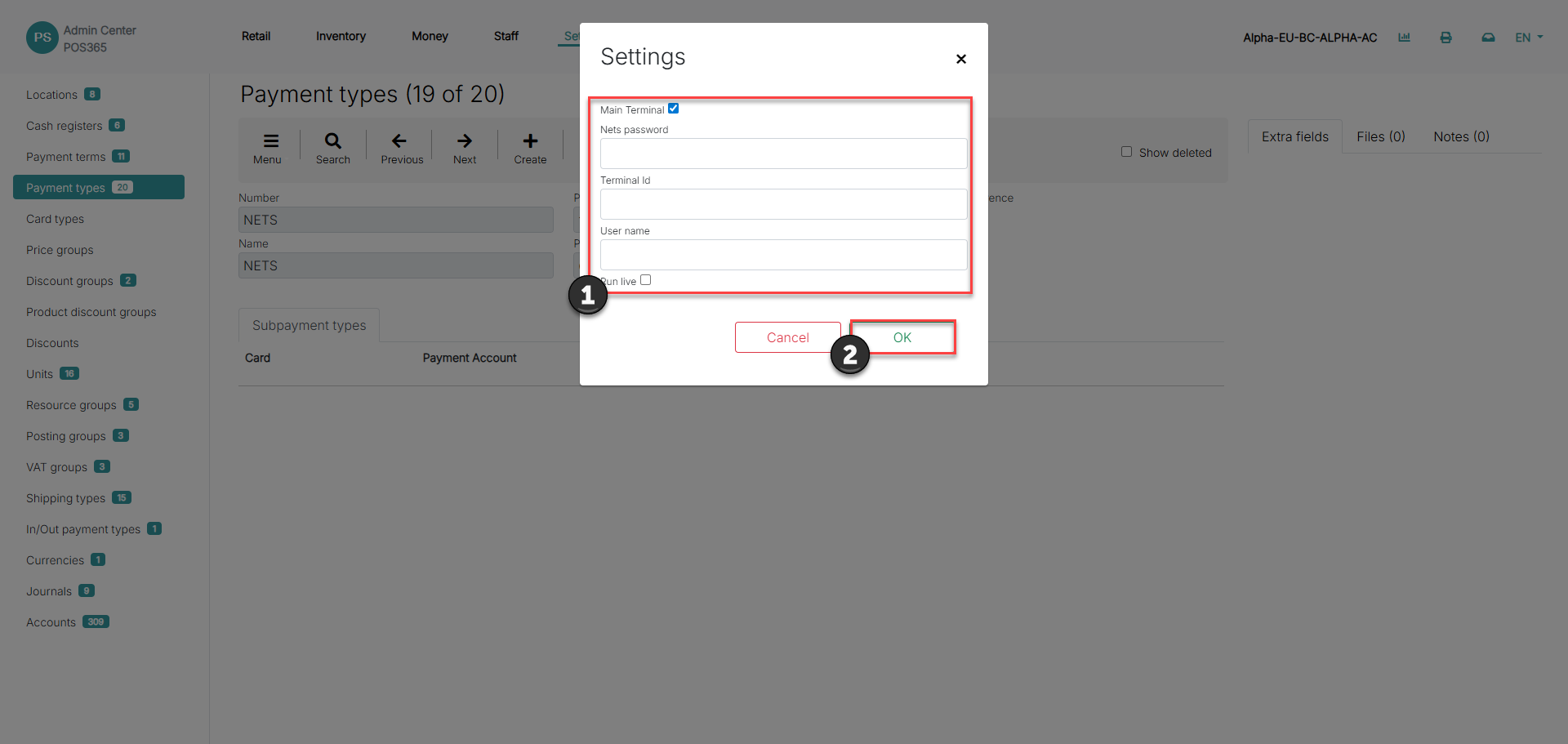set up payment types for pos365
