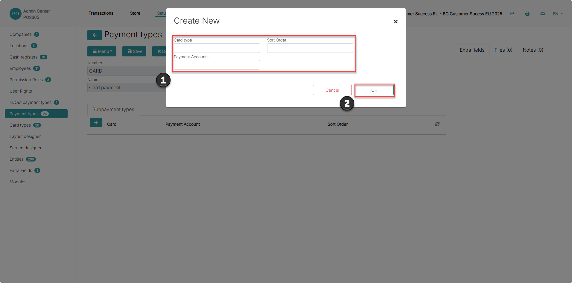 subpayment type on different card types