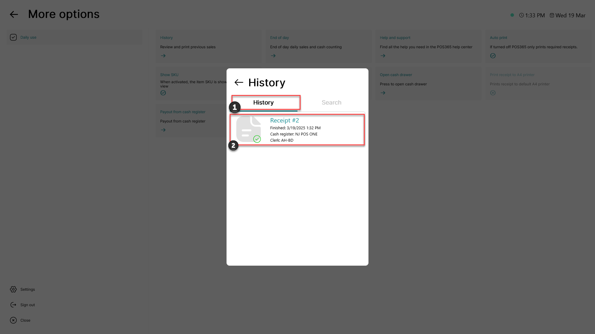 how to access an old receipt in pos365
