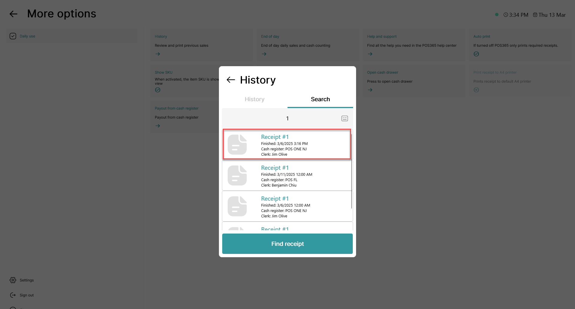 how to access an old receipt in pos365