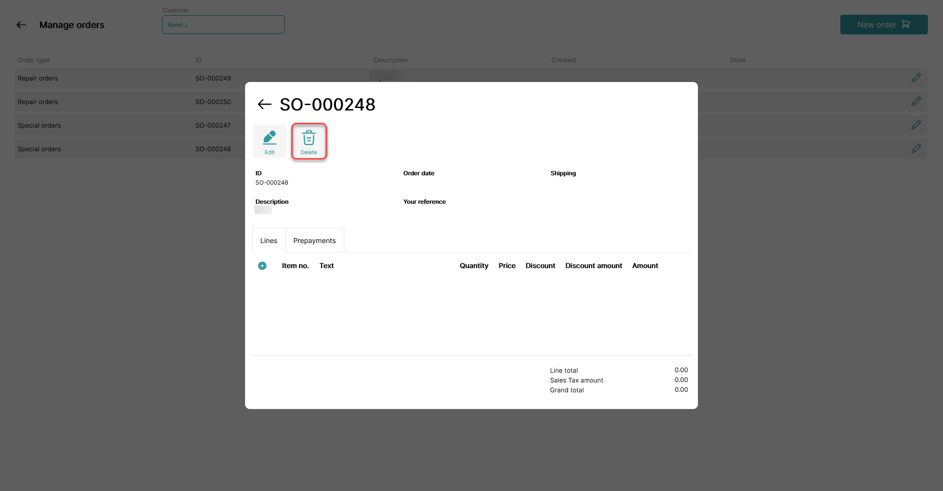 how to delete a sales order in pos365