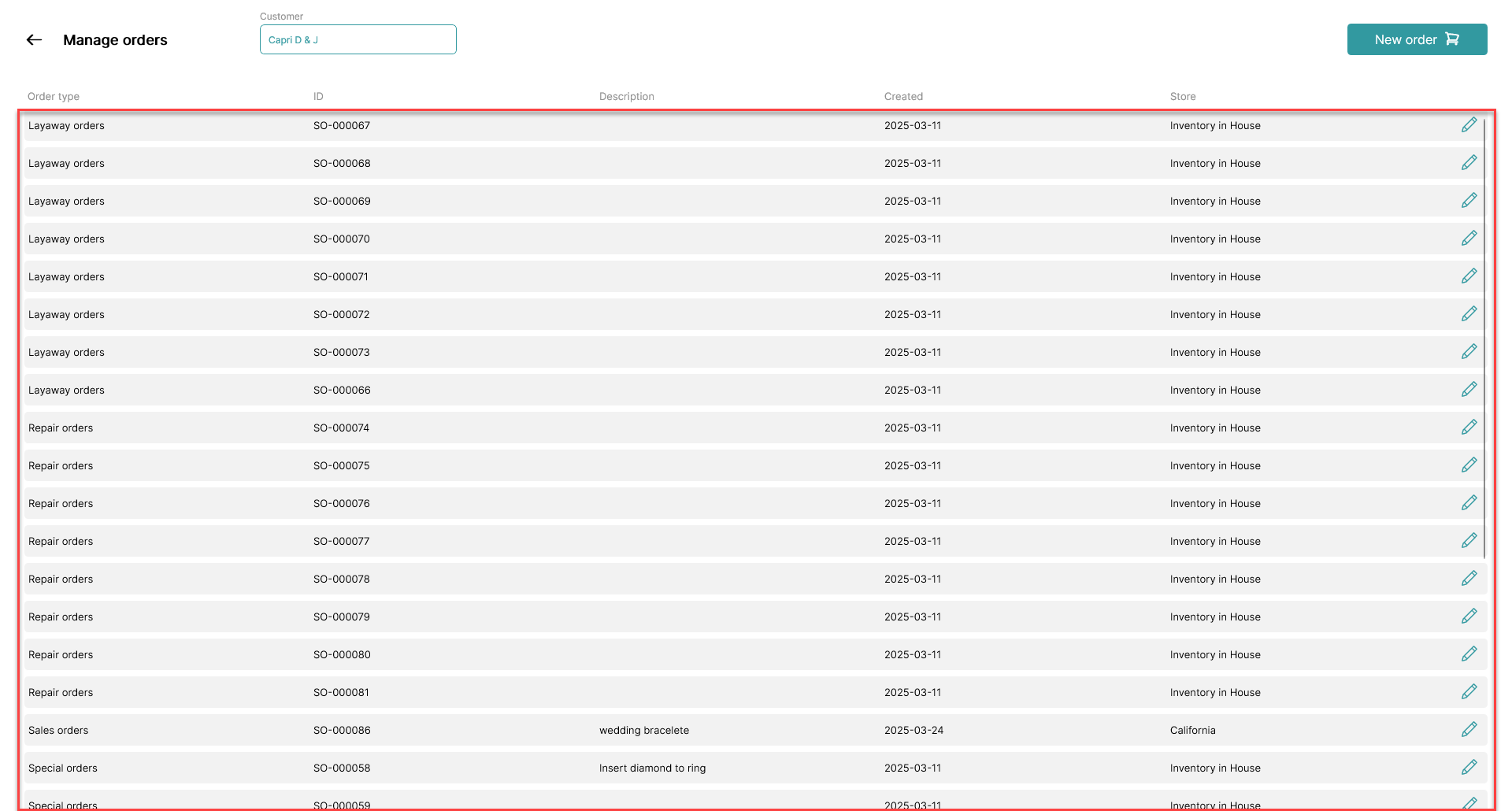 how to edit an existing order in the order manager