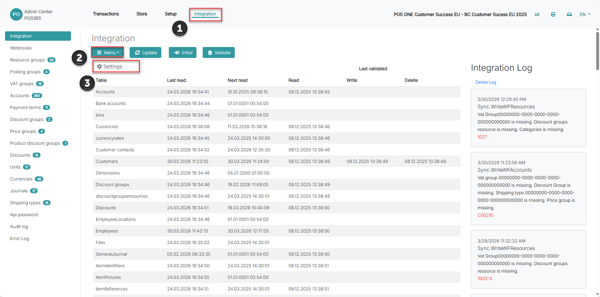 integration settings between business central and pos365