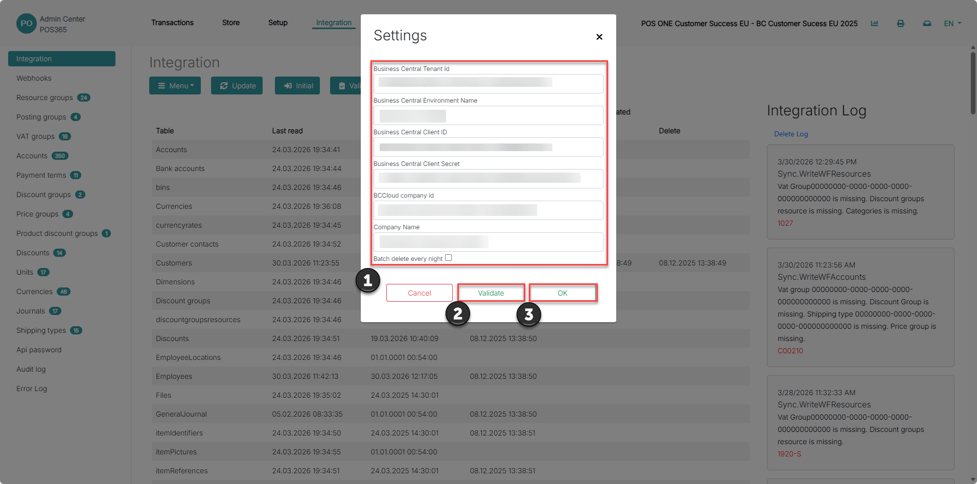 integration settings between business central and pos365