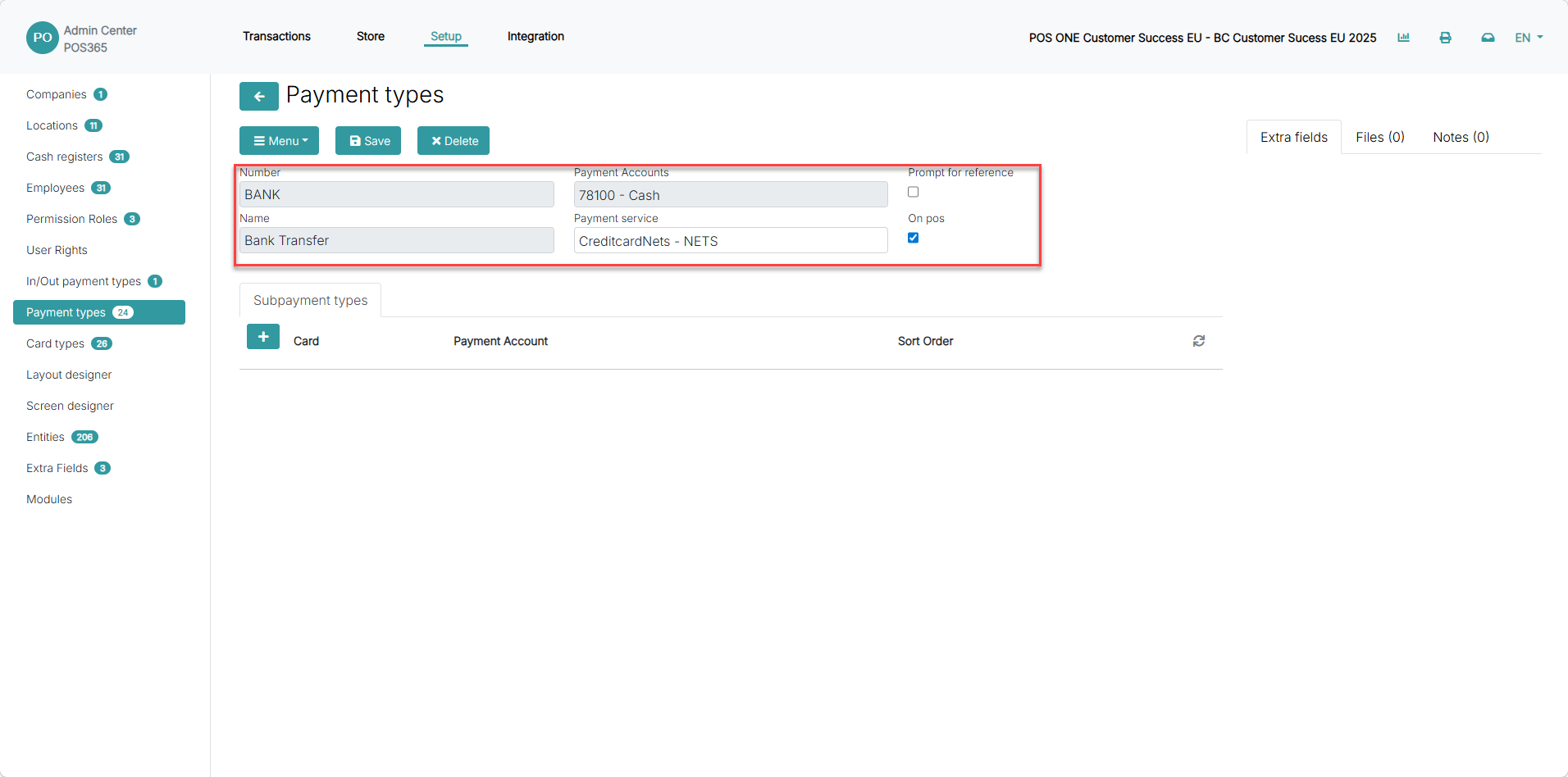 set up payment types for pos365